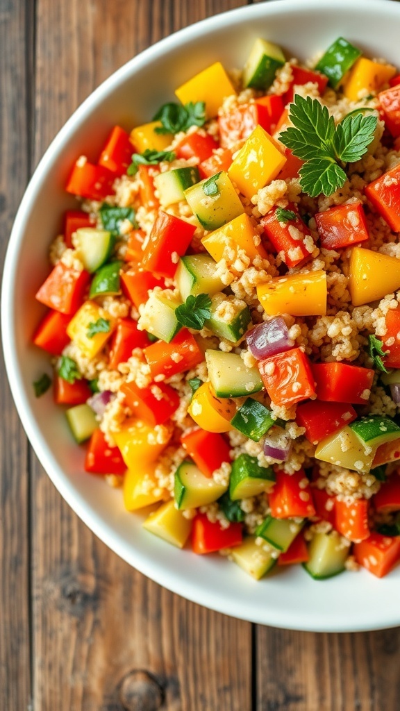 Quinoa Salad with Vinaigrette A colorful quinoa salad with diced vegetables and vinaigrette, garnished with parsley, on a wooden table.
